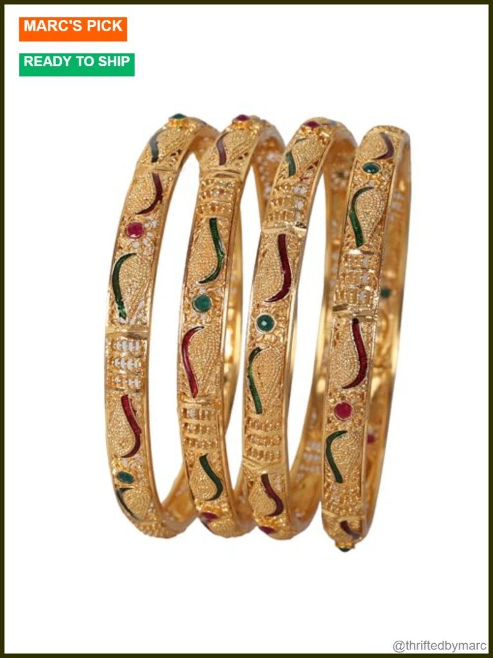 Gold Plated Bangle Bracelet Set of 4 Indian Bollywood Carved Conch Shell Thick